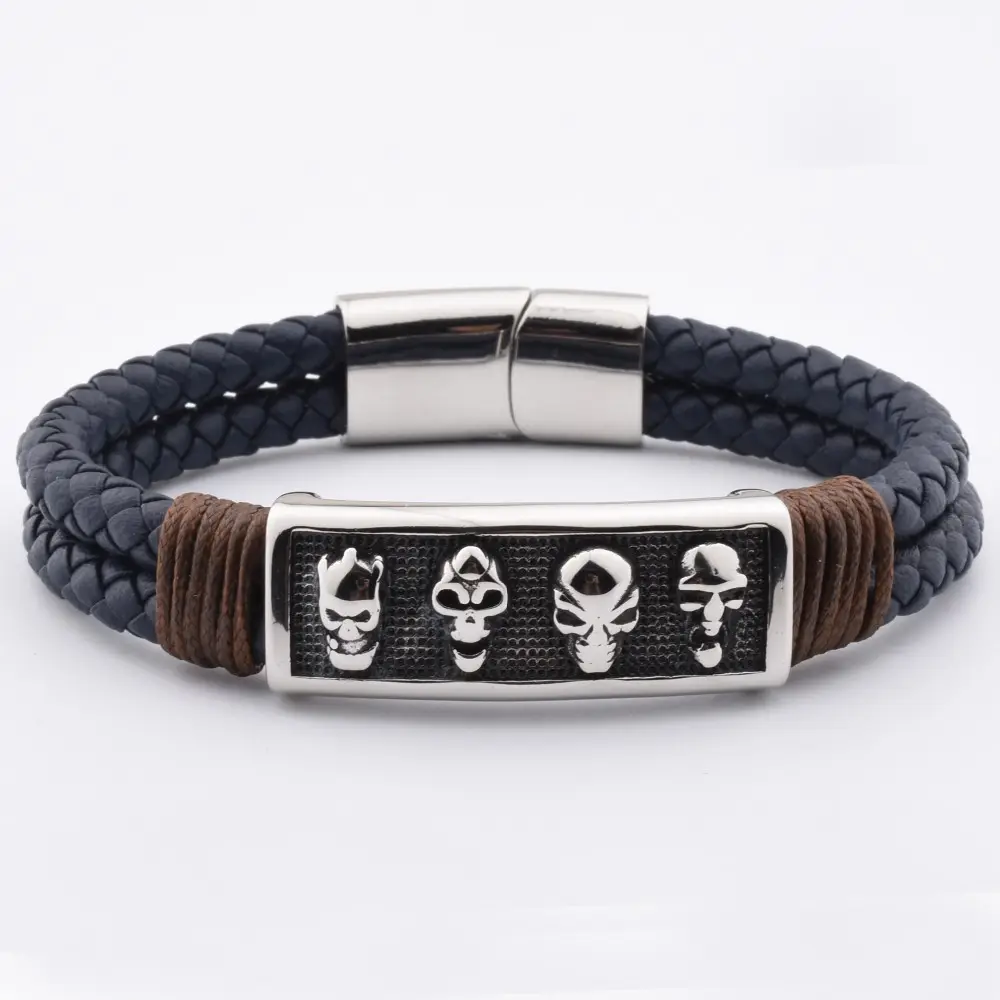 Wholesale Factory Price Trendy Fathers Day Gifts Genuine Leather Skull Charm Bracelet Men