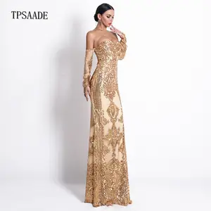 Đầm Dài Tay Nàng Tiên Cá Tay Dài Đính Kim Sa Chất Lượng Cao Màu Champagne WF093