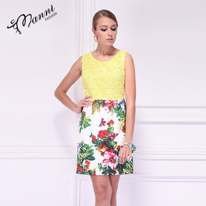 2018 nuevo estilo <span class=keywords><strong>amarillo</strong></span> gasa <span class=keywords><strong>vestido</strong></span> <span class=keywords><strong>de</strong></span> impresión floral patchwork primavera casual sundress sin mangas señoras vestidos - Product Image 2