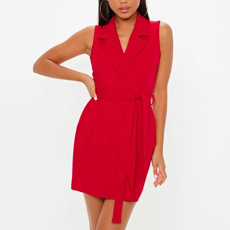 Fashion Trendy Red Women Sleeveless Blazer Dress With Waist Belt HSD6164
