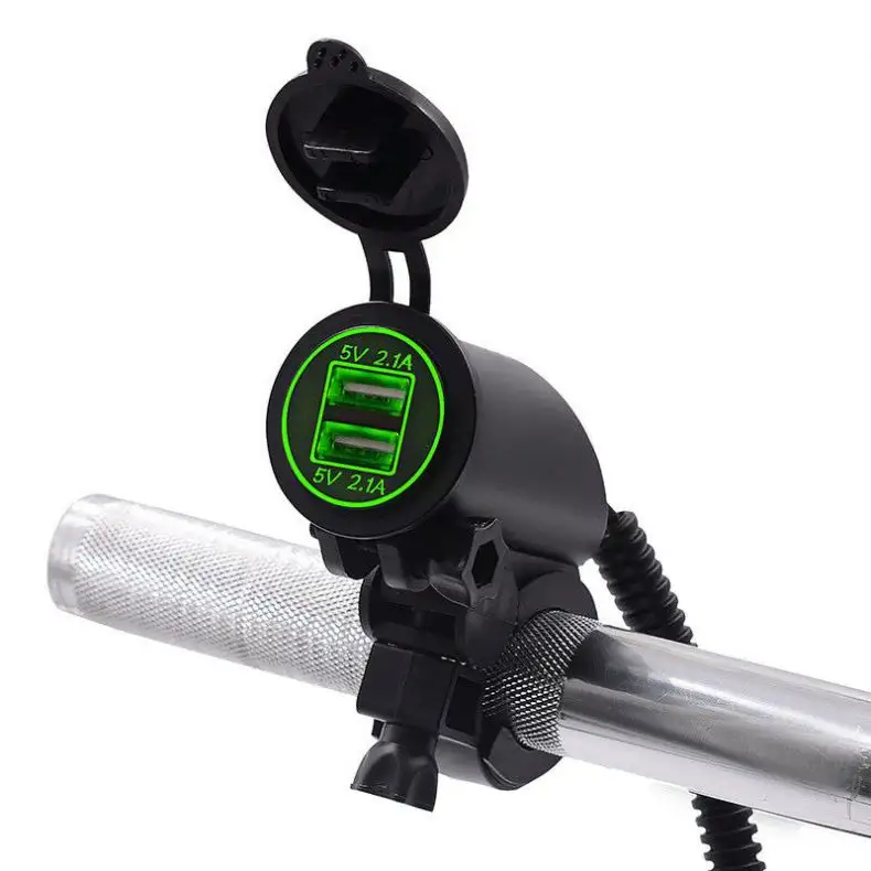 Dual USB Green LED Motorcycle Handlebar Phone Charger Adapter