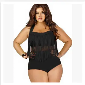 2019 新款高腰大码胖女人流苏比基尼美女女士泳衣加大码女式黑色热固颜色
