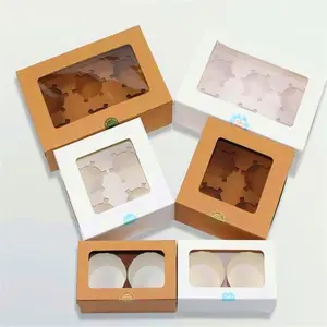 Boîte en papier Kraft marron personnalisé, emballage en carton avec fenêtre transparente, pour cupcakes, de qualité alimentaire, avec couvercle intérieur