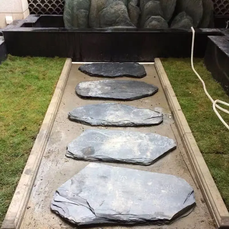 Fabrik verkauf Landschaft schwarze Steine Pflasters teine Schiefer Boden fliese, runde Schiefer Schritt Stein, Verkauf Pflasters teine Stein Granit