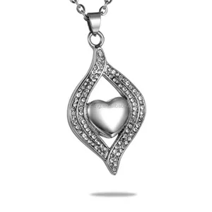 Crystal Pave Heart Stainless Steel Cremation Urn Locket Necklace Pendant
