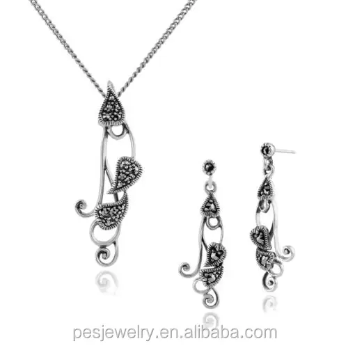 PES Turkish Jewellery Set! Marcasite Heart Drop Earrings & 45cm Necklace Set (PES50-028)