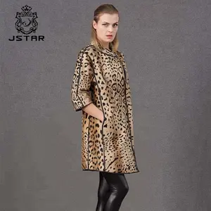 Best quality Fashion Women long Leopard print goat sheep skin Jacket Top Leather Jacket