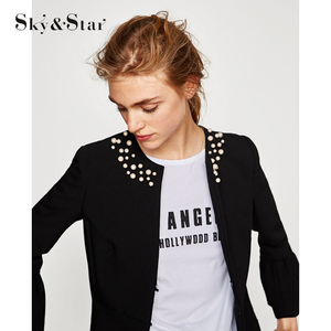 Mujeres negro Slim trajes perla detalles manga larga mujeres abrigo - Product Image 2