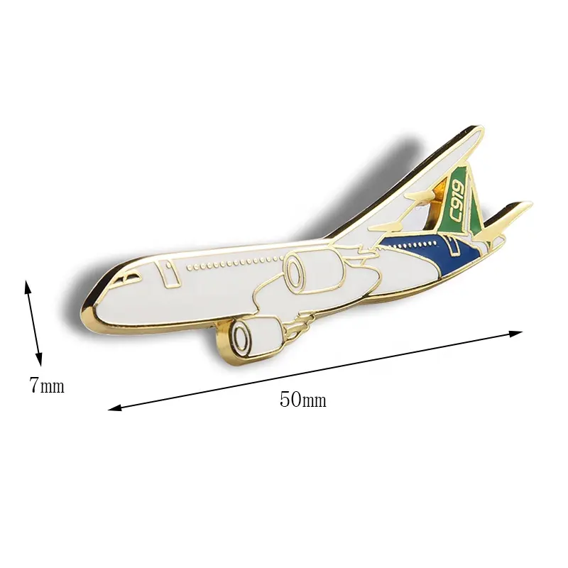 Kabartmalı Logo ile yüksek kaliteli Metal rozet uçak şekilli altın Metal özel emaye Pin