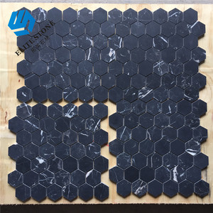 Azulejo hexagonal para suelo de baño, decoración del hogar, 2 pulgadas, color negro, estampado de mármol, mosaico de vidrio