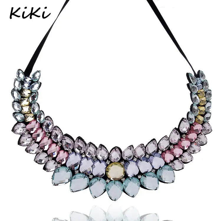 >>>Big Crystal Necklace Women Ribbon Choker Stone Bohemian Jewelry Bib Statement Maxi Necklace