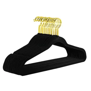 Lindon Wholesale Custom Heavy Duty Space Saving Non Slip Dress Shirt Suit Clothes Black Flocked Velvet Hangers with Gold Hook