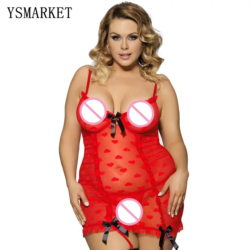 10% di sconto vendita calda pigiameria donna Sexy pigiameria Plus size Babydoll in pizzo con fiocco Lingerie Ertica Heart Mesh Babydoll S80130