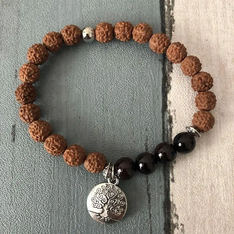 SN0964 Cadeau Mala Yoga Méditation Sprirituel Équilibre Rudraksha Graines Grenat Arbre De Vie Bodhi Seed Bracelet