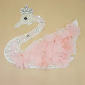Pink Swan Perles Strass Brodé Patch Sew On Applique Vêtements Décoration