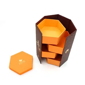 High end luxury custom design gedruckt hexagon rohr vier schichten karton papier rolle stapler mooncake lagerung teilen box