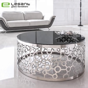 Meuble d'art contemporain, <span class=keywords><strong>pieds</strong></span> <span class=keywords><strong>en</strong></span> acier inoxydable, <span class=keywords><strong>table</strong></span> basse <span class=keywords><strong>en</strong></span> <span class=keywords><strong>verre</strong></span> ovale noir - Product Image 2