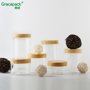 Jar With Jars Lid Plastic Plastic Food Grade Ice Cream Wide Mouthed Jar With Aluminum Cap PET Jars With Bamboo Wooden Printing PP Lid Clear Plastic Jar