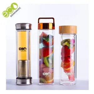 GA6000 new 500ML Promotion Handblown borosilicate recycled glass water bottle with stainless steel filter