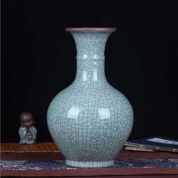 Фарфоровая ваза Античная официальная печь открытая трещина зеленая глазурованная керамическая бутылка классическое украшение для гостиной ваза
