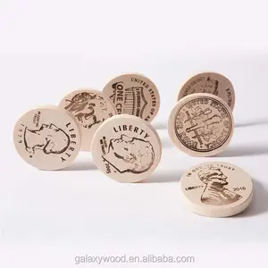 25mm, venta al por mayor, impresión personalizada, Lasering, moneda de madera, piezas redondas para juegos