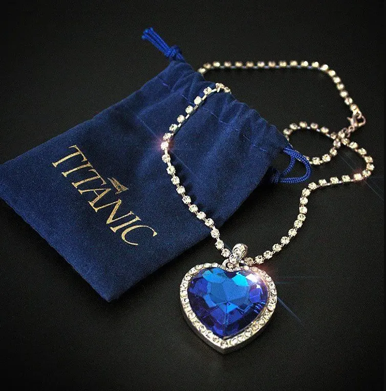 Оптовая продажа, ожерелье с кулоном в виде сердца океана «Титаник» с синим сердцем «любовь навсегда» + бархатный мешок