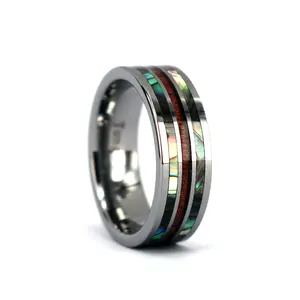 Abalone and KOA Wood Wedding Band, Men's Tungsten Wedding Band, Abalone and Wood Ring