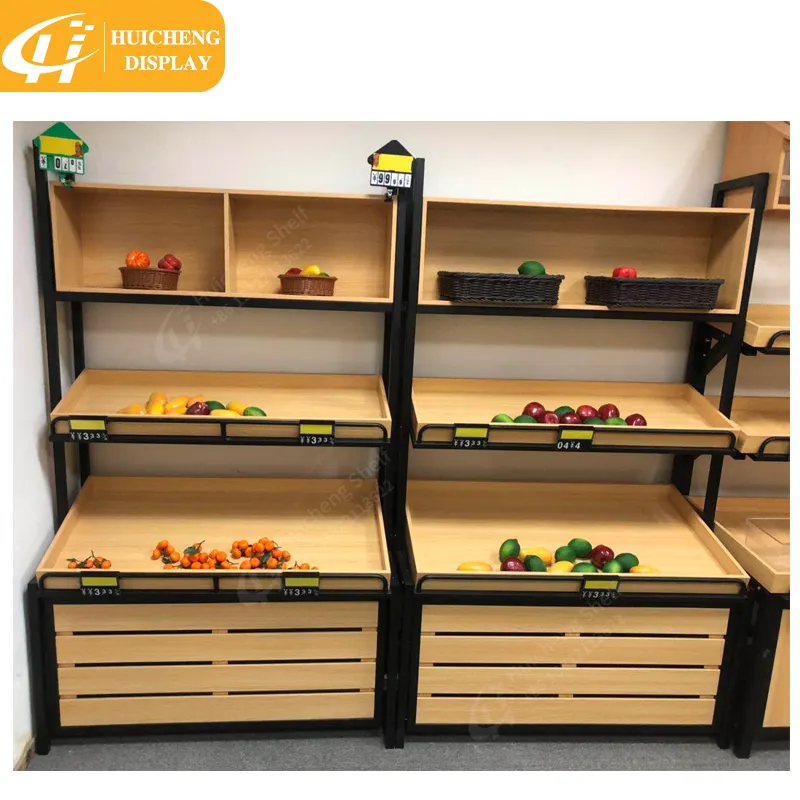 Customized supermarket goods display stand store display rack vegetable shelf wooden vegetable and fruit shelves