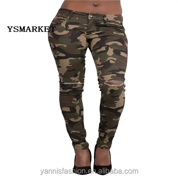 Mode Camouflage Borduren Pockets Potlood Jeans Vrouwen Hoge Taille Knie Gat Denim Potlood Broek E 241