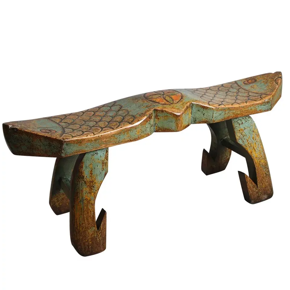 중국 고대 오래된 느릅 나무 두 배 물고기 발판, 의자, 식사 의자