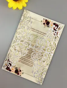 Gold/Silver/Rose GOLD/ROSE RED/Champagne/Pink /BLUE Glitter Hollow Flower laser cut wedding invitation cards+Envelope insert