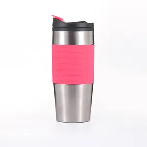 16 oz dupla Parede de Aço Inoxidável Com Isolamento A Vácuo Garrafa Térmica Copo De Viagem com Plástico Dentro e Luva De Silicone e Tampa Flip