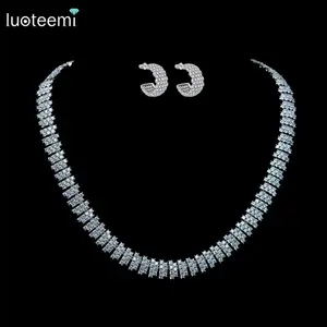 LUOTEEMI White Gold Plated Women CZ Zircon Tennis Choker Necklace Earrings Set for Wedding Bridal Jewelry Set