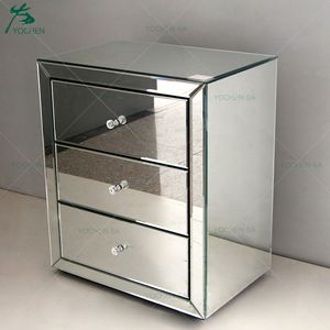 Modern 3-Drawer Mirrored <strong>Bedside</strong> Table Clear <strong>Mirror</strong> and MDF Wood for Bedroom or Living Room - Product Image 3