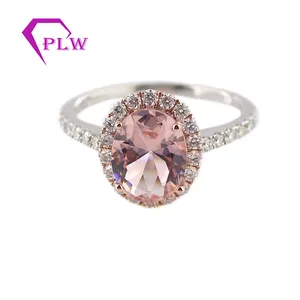 Provence gemas 14k ouro rosa e ouro branco 7x9mm oval morganite anel de halo com acentos de moissanite pedras na banda