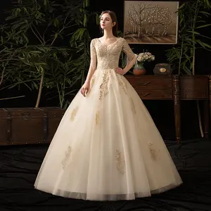 2019 Baru Kedatangan Fashion V Neck Bola Gaun Pernikahan Gaun Sampanye Setengah Lengan Bridal Gaun Lantai Panjang Gaun Pengantin