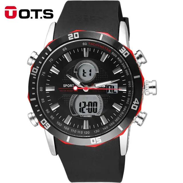 OTS 8168 Men Quartz Digital Watch Black Rubber LED Digital Dual Display Waterproof Watches Original