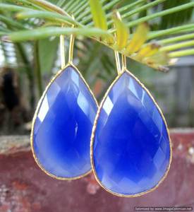 925 Sterling Silver Vermeil <b>Gold</b> <b>Drop</b> <b>Earrings</b> with Blue Chalcedony Gemstone Bezels for Wedding Party or Gift - Product Image 1