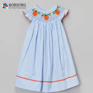 Listrado azul Vestido Bata Bispo Abóbora Bordado Boutique das Crianças Por Atacado de Roupas