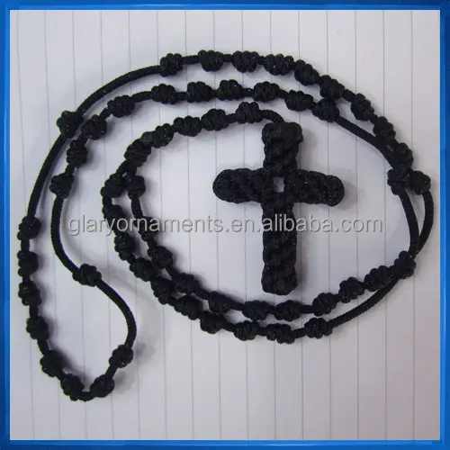 Chapelet en fil noué noir, collier, cordon en corde