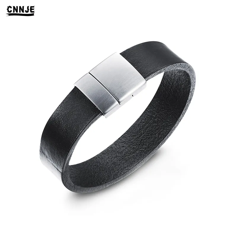 Wholesale Simple Design Black Leather Men Watches Band Cuff Genuine Leather Bracelet