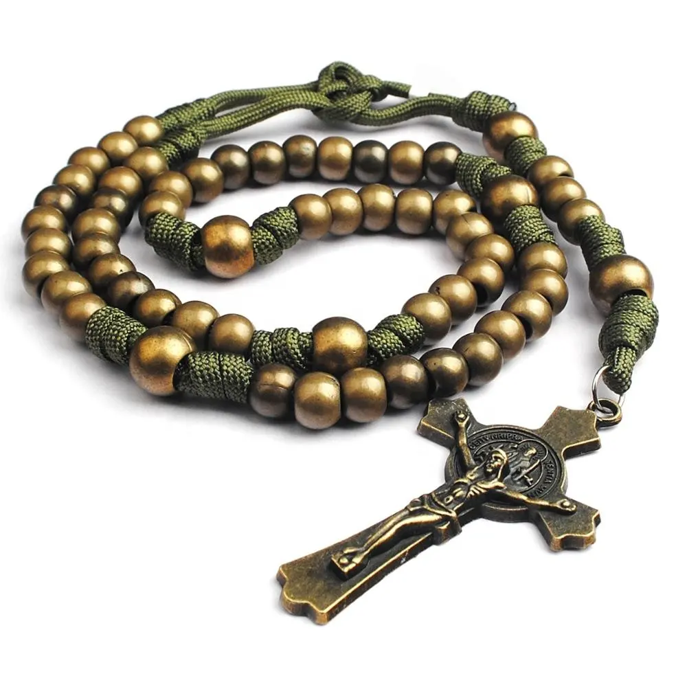 10mm Ancient Bronze Round Beads Strong String Catholic Paracord Rosary Necklace for Men