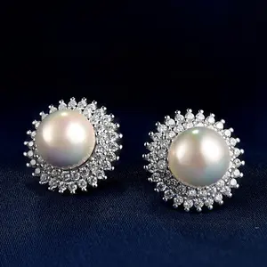 Shiny Big Pearl Moissanite CZ Diamond Stud Earrings for Women HC0036