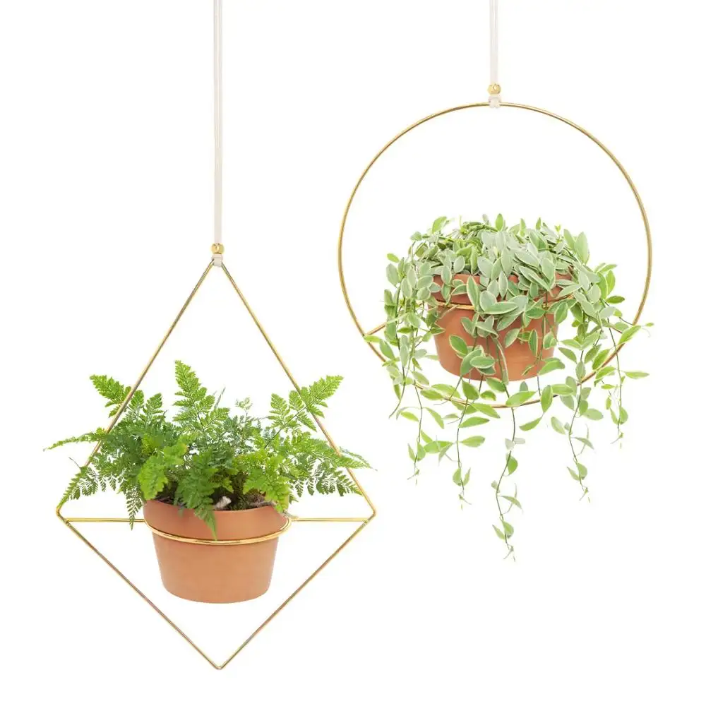 2 Pcs Diamond & Circle Shape Modern Gold Metal Hanging Pot Plant Hanger for Home Decor