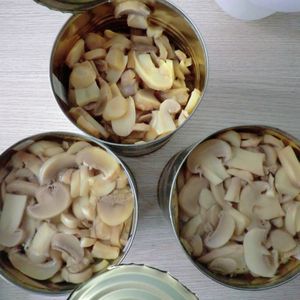 버섯 조각과 줄기의 혼합이 특징 인 새로 생산 된 버섯 통조림의 공장 직거래 판매
