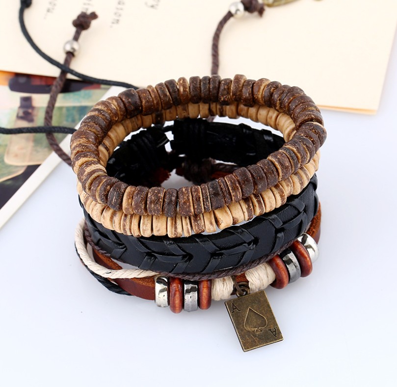 高品质椰壳手链真皮饰品多层男士简约复古编织真皮手链 - buy multi