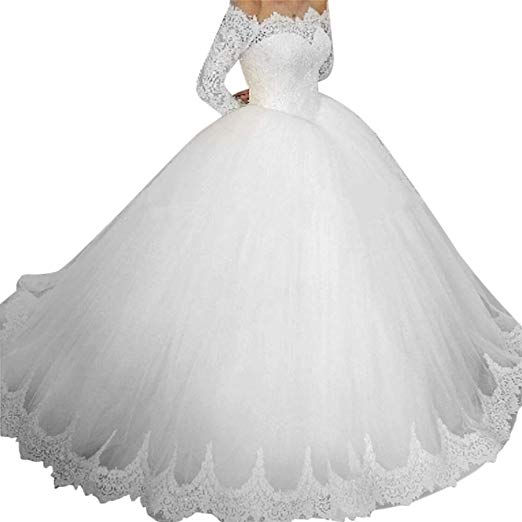 Ywhola Off-Shoulder Long Sleeves Lace A Line Wedding Dress Customized Size Bridal Gown