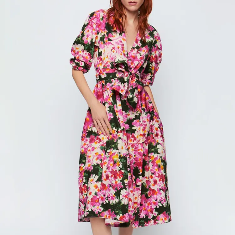 Summer brand floral bandage printed ladies beach dresses for women