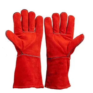 Red Heat Resistance Long Cow Split Leather Glove Welding Gloves For Welder