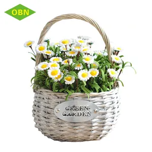 Fashion design beige grey plastic lining cheap wicker basket flower pot with handle